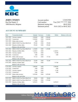 Downloadable Belgium KBC bank statement excel sample